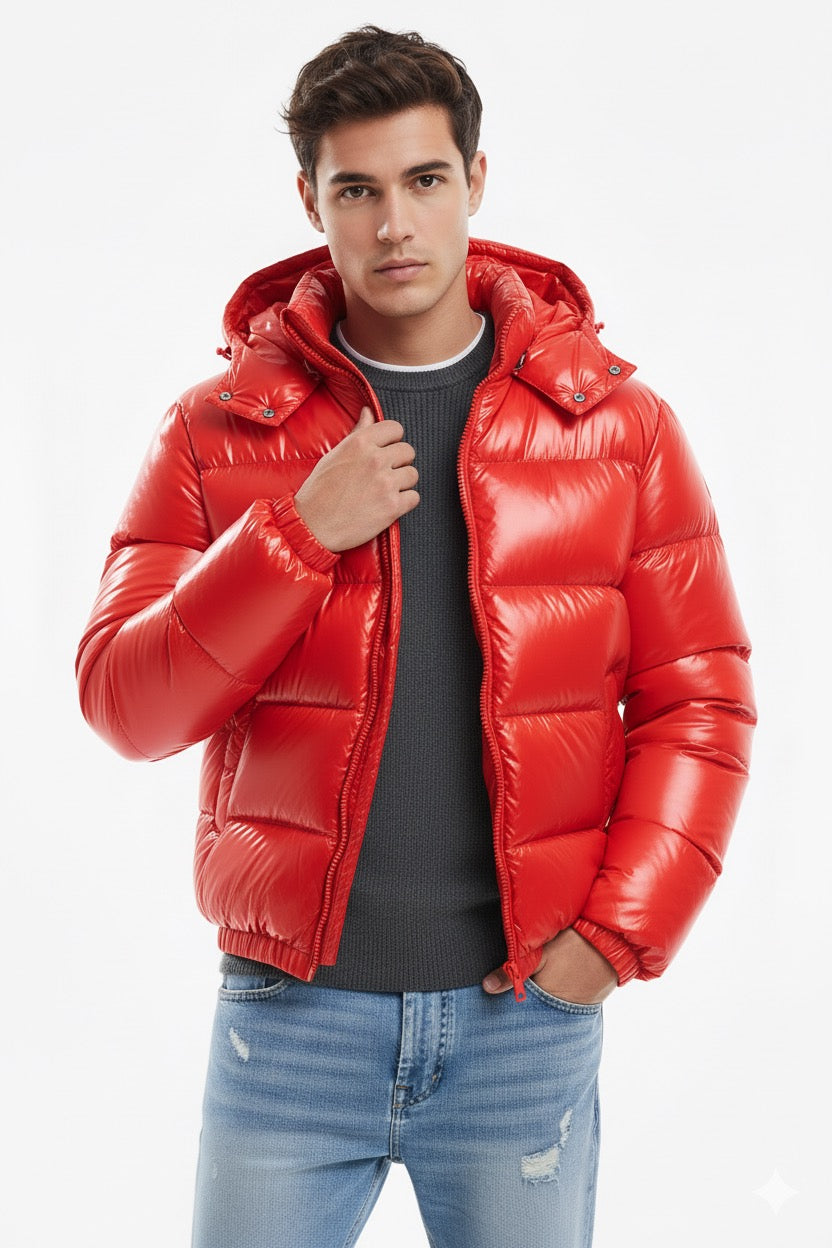 Doudoune à capuche haute brillance en Rouge