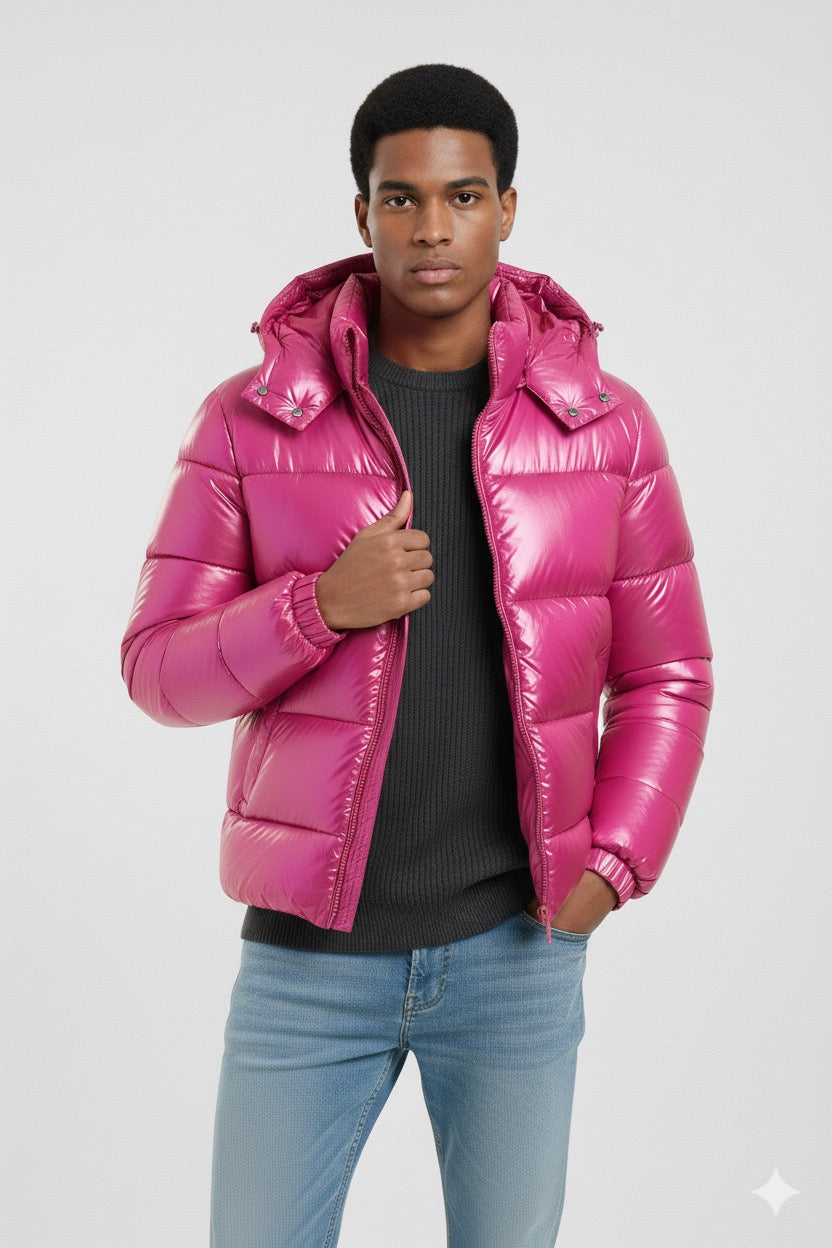 Doudoune à capuche haute brillance en Rose