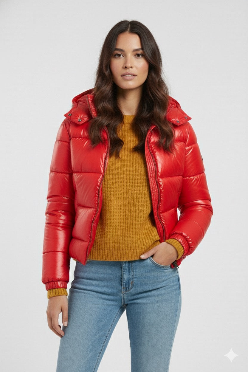 Doudoune à capuche haute brillance en Rouge
