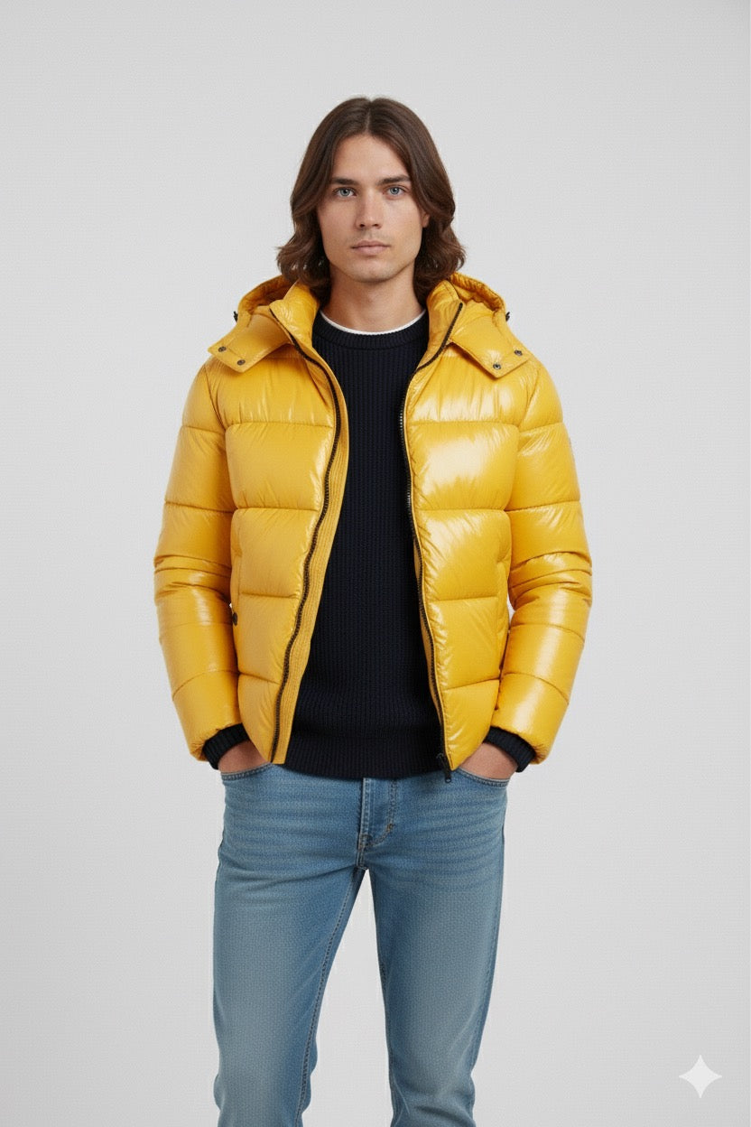 Doudoune à capuche haute brillance en Jaune
