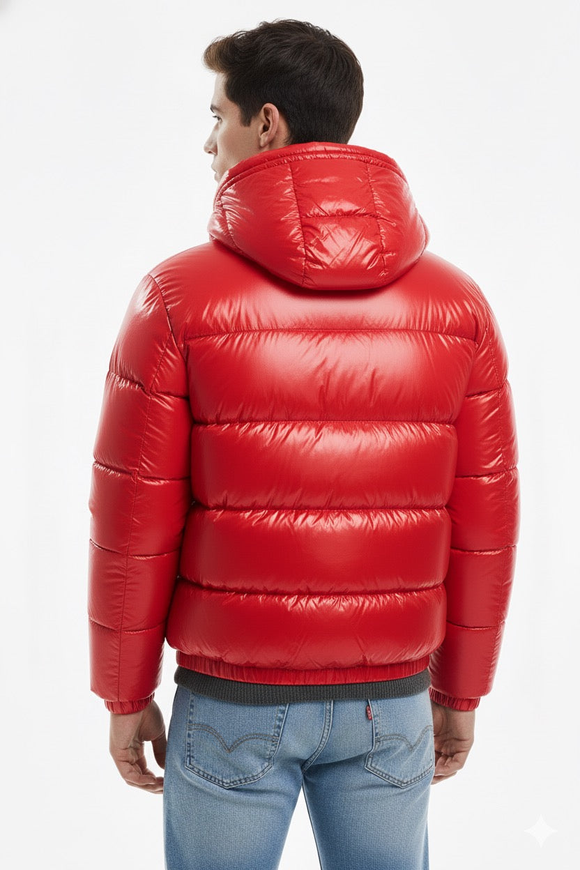 Doudoune à capuche haute brillance en Rouge