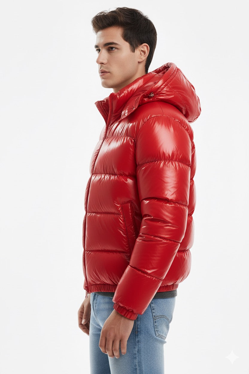 Doudoune à capuche haute brillance en Rouge