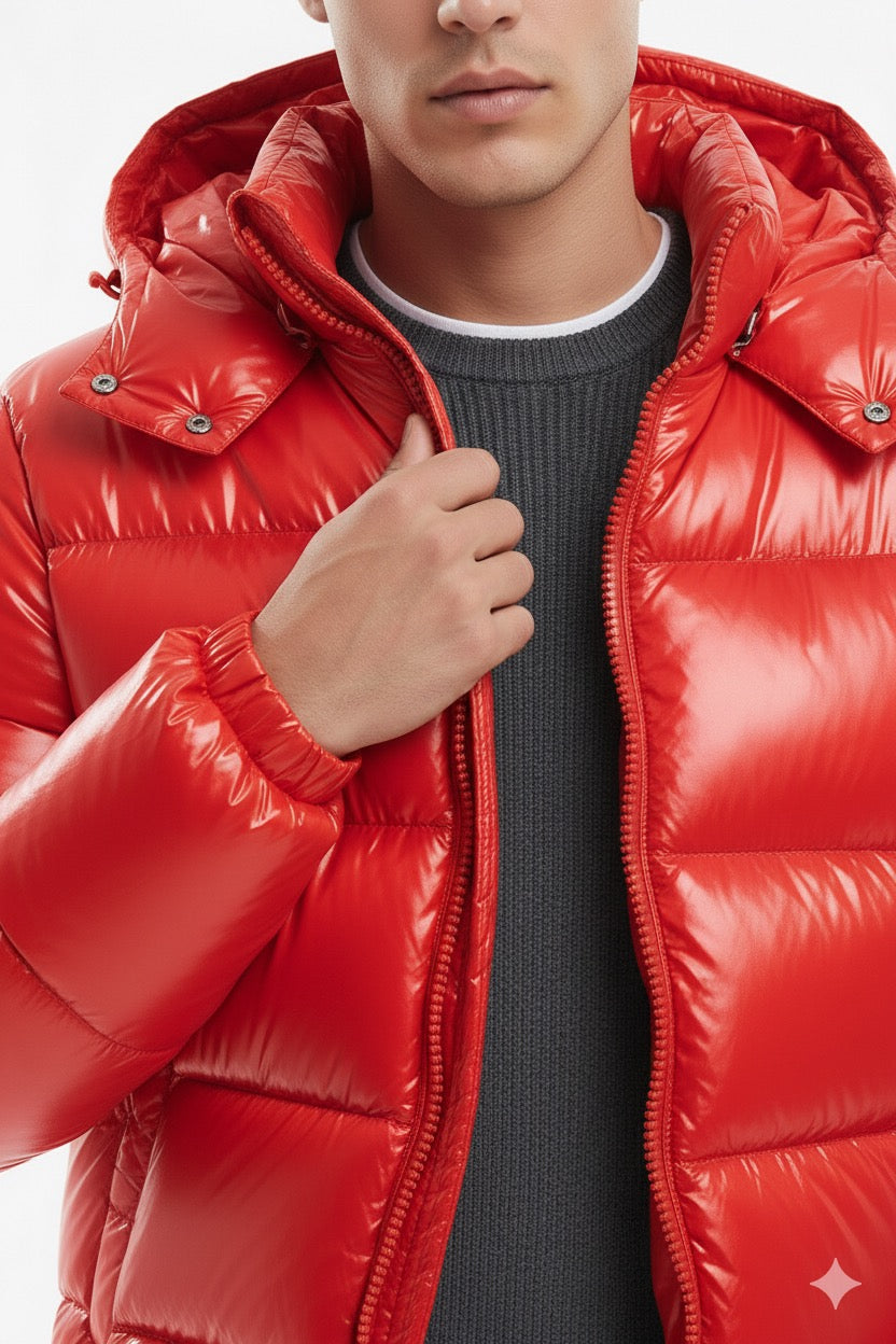 Doudoune à capuche haute brillance en Rouge