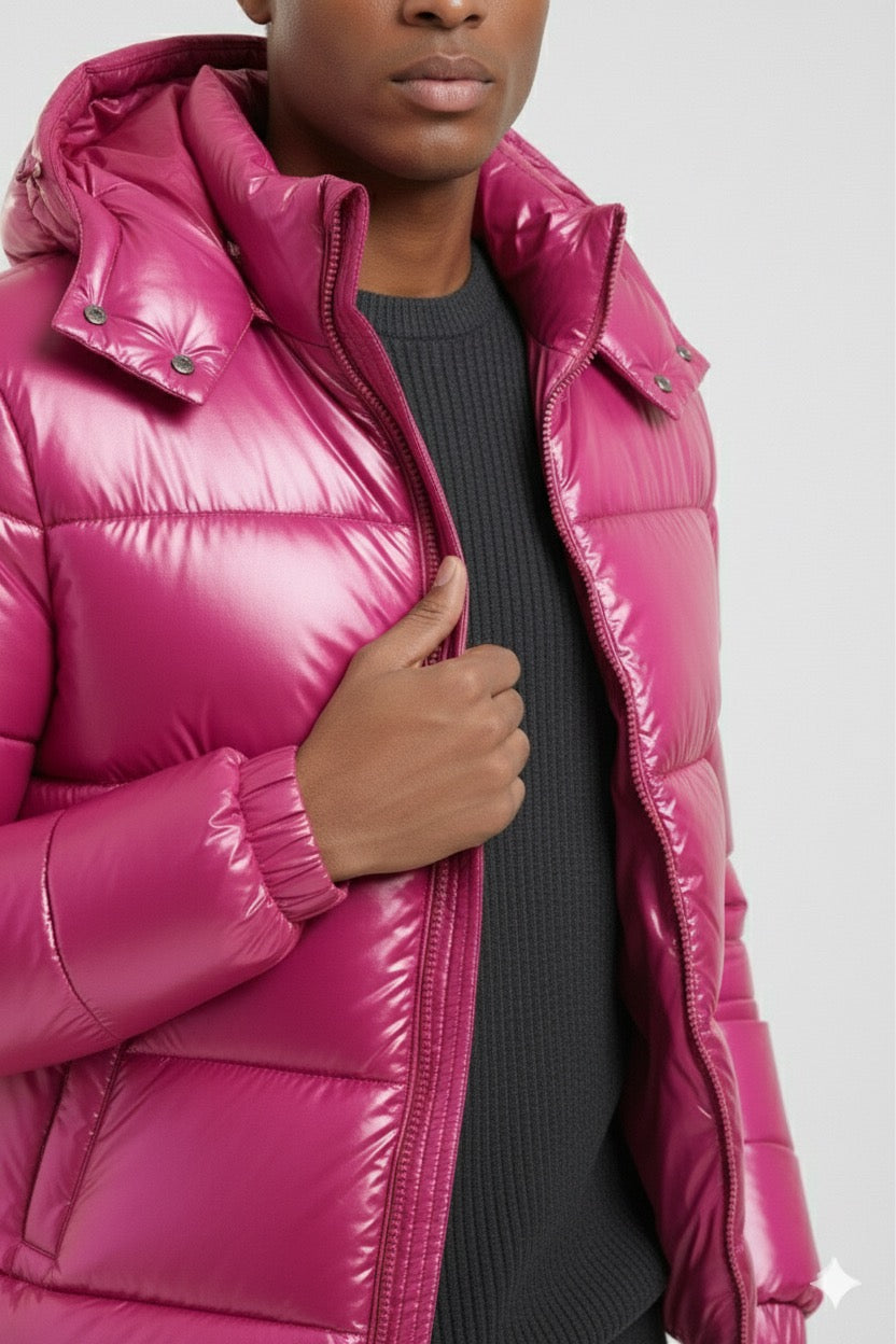Doudoune à capuche haute brillance en Rose