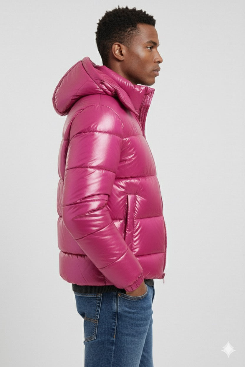 Doudoune à capuche haute brillance en Rose