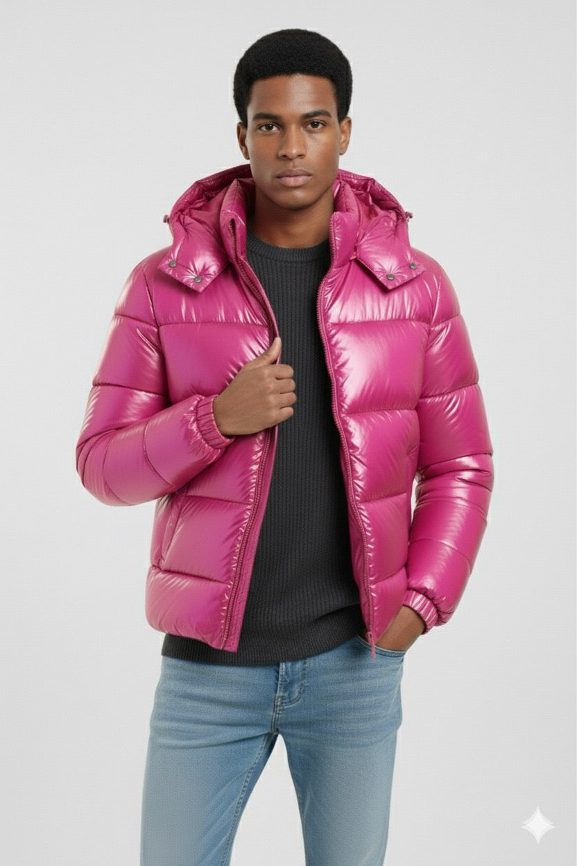 Doudoune à capuche haute brillance en Rose