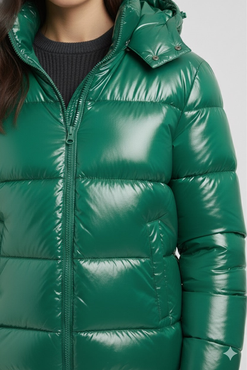 Doudoune à capuche haute brillance en Vert