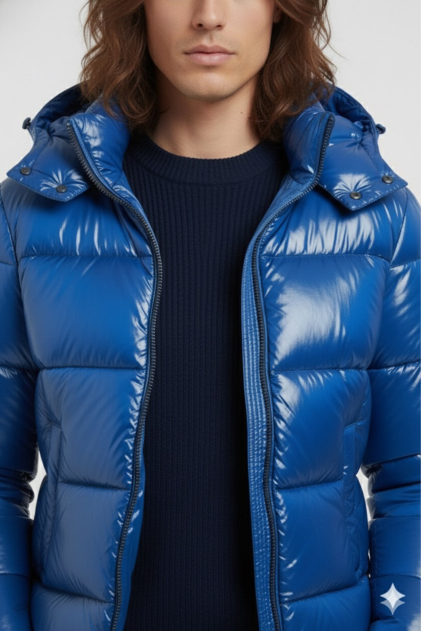 Doudoune à capuche haute brillance en Bleu