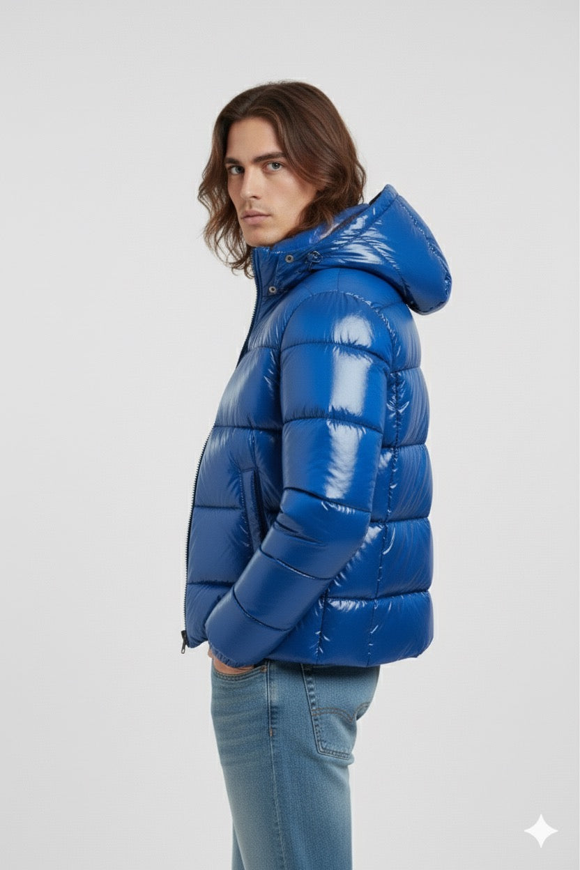 Doudoune à capuche haute brillance en Bleu