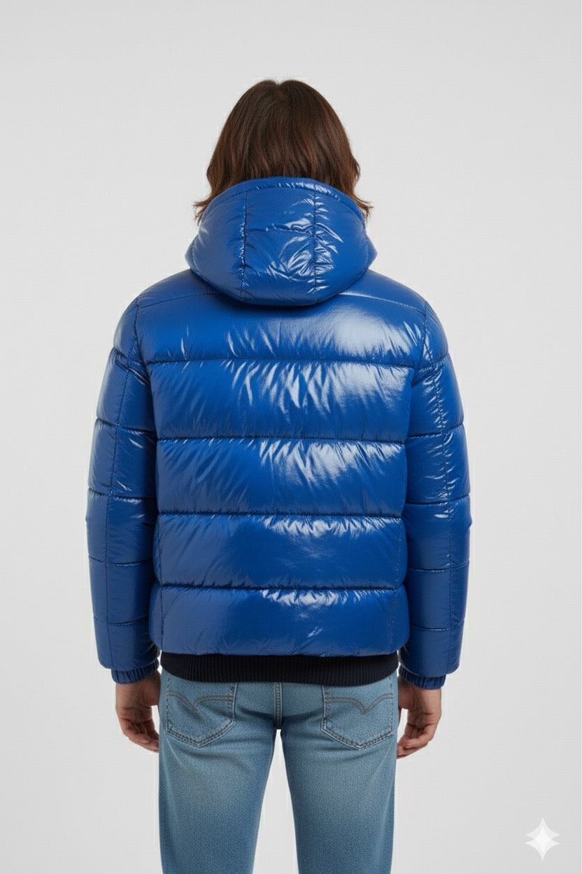 Doudoune à capuche haute brillance en Bleu