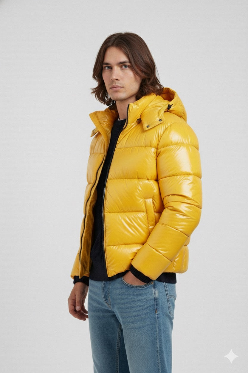 Doudoune à capuche haute brillance en Jaune