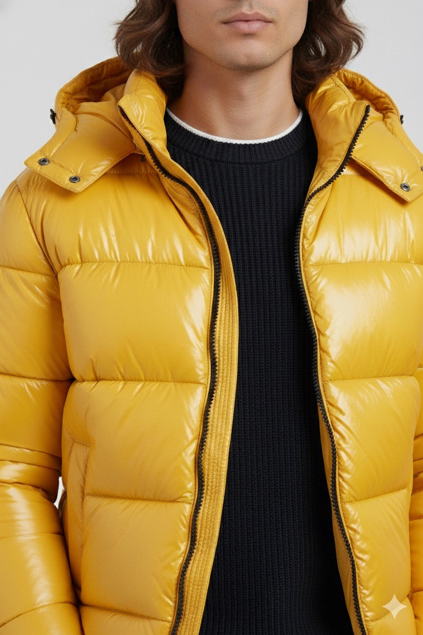 Doudoune à capuche haute brillance en Jaune